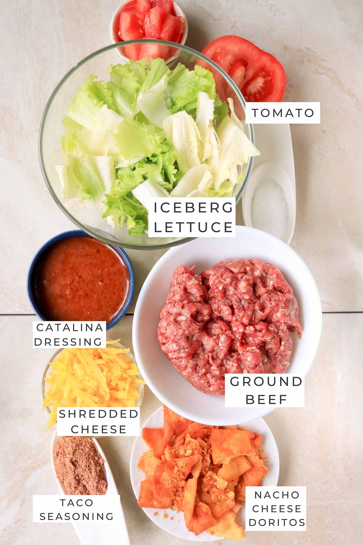 Labeled ingredients for the taco salad.